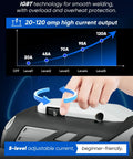 Hand adjusting 5-level current settings on 110V portable IGBT inverter welder with chart showing 20–120A output range