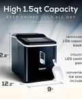 Portable Countertop Ice Maker With LED Control Panel And One Point Five Quart Water Tank Produces 26 Lbs Of Ice Per Day With Two Cube Sizes Nine Cubes In Seven Minutes Ideal For Home Kitchen Office RV And Outdoor Use, showing dimensions