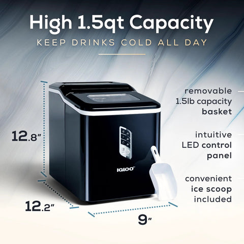 Portable Countertop Ice Maker With LED Control Panel And One Point Five Quart Water Tank Produces 26 Lbs Of Ice Per Day With Two Cube Sizes Nine Cubes In Seven Minutes Ideal For Home Kitchen Office RV And Outdoor Use, showing dimensions