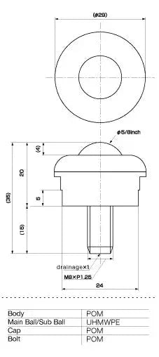 Technical drawing of IP-16NB IGUCHI 6.5 lbs Load Capacity UHMWPE Screw Type Ball Transfer Unit - Made in Japan showing dimensions and materials.