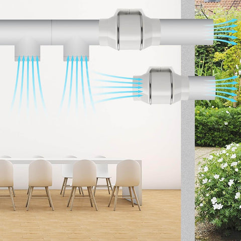 Ventilation system illustration with airflow arrows, piping through a room wall to outside garden, showing air circulation.