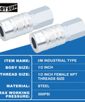 Two half inch IM industrial type couplers for air compressors with 1/2 inch female NPT, steel material, 300 PSI.