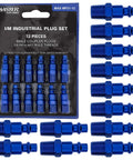12 Piece Industrial IM Type Plug Air Fittings Set With One Quarter Inch NPT Male Threads, Pro Grade Premium Blue Anodized Finish