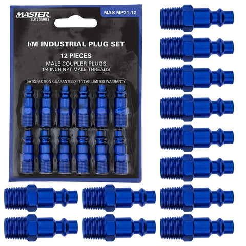 12 Piece Industrial IM Type Plug Air Fittings Set With One Quarter Inch NPT Male Threads, Pro Grade Premium Blue Anodized Finish
