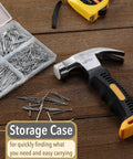 Bulk picture hanging kit with 600 galvanized nails in four sizes plus an 8 ounce hammer on a wooden surface with storage case