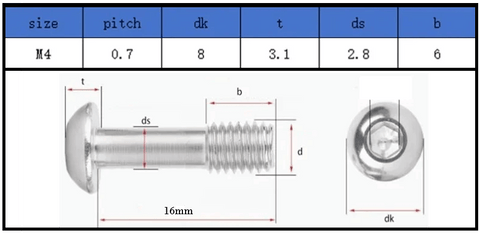 M4 x 16mm Stainless Steel Torx Round Head Captive Screw dimensions and specifications chart