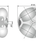 Detailed diagram of 2530-111WU 125mm Polyurethane Omni Wheel, showing dimensions and design features, 8mm Bore.