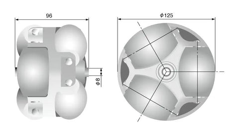Detailed diagram of 2530-111WU 125mm Polyurethane Omni Wheel, showing dimensions and design features, 8mm Bore.