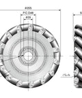 FM202-205-15U-L Left 205mm Mecanum Wheel top and side view with 29mm bore, steel frame, and polyurethane rollers.