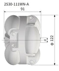 2530-111WN-A 122mm Omni Directional Conveyor Wheel top view showing dimensions 122mm outer diameter and 8mm bore.
