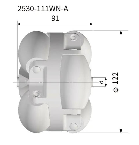 2530-111WN-A 122mm Omni Directional Conveyor Wheel top view showing dimensions 122mm outer diameter and 8mm bore.