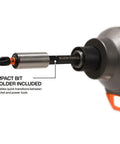 Slim Micro-Ratchet ProFlex Impact Driver Bit Set for Tight Spots, close-up of magnetic bit holder attached to power tool.