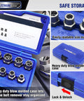 Impact Bolt And Nut Remover Set, 13 Pieces, CrMo extraction tools in blue blow-molded case with labeled sizes for easy storage