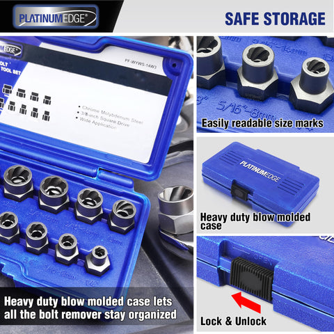 Impact Bolt And Nut Remover Set, 13 Pieces, CrMo extraction tools in blue blow-molded case with labeled sizes for easy storage