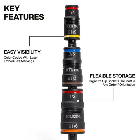 7 In 1 Impact Driver Socket Set With Flip Sockets And Bit Holder, Quick Connect Shaft, hex sizes marked, vertical view