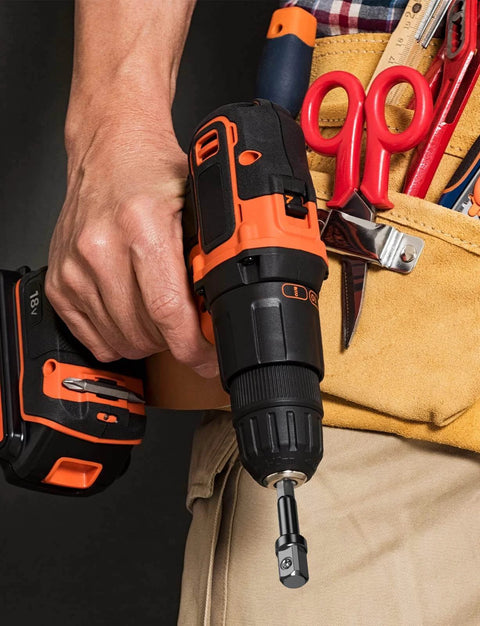 Person holding a drill with a 3/8 Impact Adapter, 4 Pack Socket Adapter 1/4 Inch to 3/8 Socket Adapter Kit for Impact Driver, Automotive DIY.