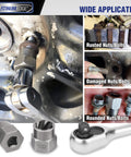 Image showing the Impact Bolt And Nut Remover Set, 13 Pieces, Stripped Bolt Extractor Kit For Rusted Damaged Bolts And Nuts with wrench and fasteners in automotive use.