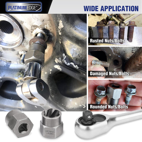 Image showing the Impact Bolt And Nut Remover Set, 13 Pieces, Stripped Bolt Extractor Kit For Rusted Damaged Bolts And Nuts with wrench and fasteners in automotive use.