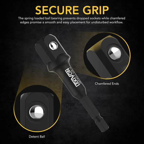 Impact Grade Socket Adapter Set With 3 Inch Extension Bit Holder, 3 Piece Drive Set For One Quarter Inch, Secure Grip Detail