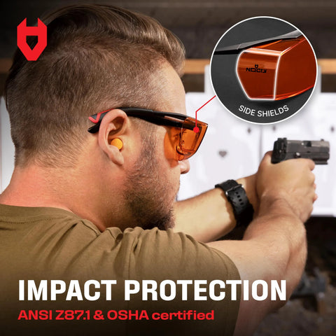 Blue Light Blocking Glasses for Over Glasses With ANSI Z87 1 and UV Protection worn at shooting range