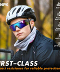 Person wearing 6 Pack ANSI Z87.1 UV Safety Glasses For Men And Women, Impact Resistant, Blue while cycling.