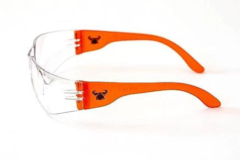 Side view of Impact Resistant Safety Glasses With UV400 Anti Fog Clear Lenses ANSI Z87.1 with orange arms.