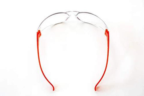 Back view of Impact Resistant Safety Glasses With UV400 Anti Fog Clear Lenses ANSI Z87.1, red arms, lightweight design.