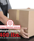Man holding box on Heavy Duty 3 Shelf Utility Cart With Five Level Adjustable Top Shelf For Perfect Height Alignment, 400 lb capacity