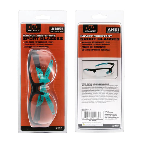 Impact Resistant Sport Glasses With UV Protection And Non Slip Frame in retail packaging showing front and back labels