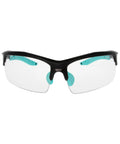 Impact Resistant Sport Glasses With UV Protection And Non Slip Frame, front view, black and turquoise rubberized polycarbonate frame.