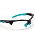 Impact Resistant Sport Glasses With UV Protection And Non Slip Frame, featuring black and teal design, side view.
