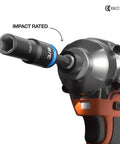 Impact driver with attached deep-well 3/8 inch impact socket from the 23-piece set, color-coded size marking visible.