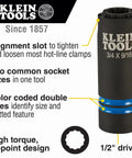 Three In One Impact Socket With 12 Point Deep Design, Dual Hex Sizes Three Quarters Inch And Nine Sixteenths Inch, Coaxial Spring Loaded Alignment Slot For Quick Adjustments, Half Inch Drive, Hands Free Size Change, Built Tough For Heavy Duty High Torque shown next to features