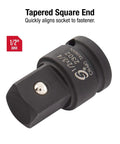 Impact Socket Adapter Beefy Half Inch Drive Half Inch Female To Three Quarter Inch Male With CrMo Steel Ball Detent Tapered Square End for Quick Alignment And High Torque Meets ANSI Standards Sunex Tools, close-up view of adapter with tapered square end and ball detent visible.