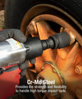 Impact Socket Adapter Beefy Half Inch Drive Half Inch Female To Three Quarter Inch Male With CrMo Steel Ball Detent Tapered Square End For Quick Alignment And High Torque Meets ANSI Standards Sunex Tools used on truck wheel.