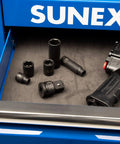 Impact Socket Adapter Beefy Half Inch Drive Half Inch Female To Three Quarter Inch Male With CrMo Steel Ball Detent Tapered Square End For Quick Alignment And High Torque Meets ANSI Standards Sunex Tools in a tool drawer with impact wrench.