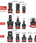 11 Piece Impact Socket Adapter Set With One Quarter Inch Drive, Three Eighth Inch Drive And One Half Inch Drive, CR-V and CR-MO steel