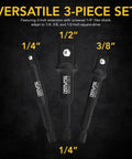 Impact Grade Socket Adapter Set With 3 Inch Extension Bit Holder, 3 Piece Drive Set For One Quarter Inch, Three Eighth Inch And One Half Inch, Converts Drill To Impact Wrench, Heat Treated Chrome Vanadium With Black Phosphate Coating.