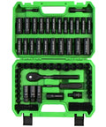 One Hundred Five Piece Three Eighths Inch Drive Impact Socket Set With 28 Metric Sockets 8 To 22 Mm And 16 SAE Sockets in green case
