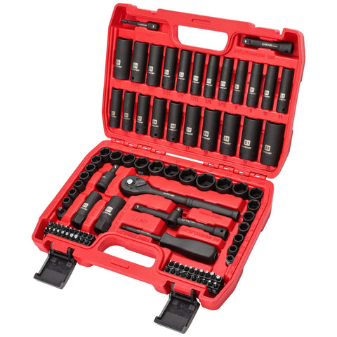 Three-Eighth Inch Drive Impact Socket Set Kit With Standard SAE And Metric Sizes, 95 Piece CR-V Steel Deep And Shallow Sockets