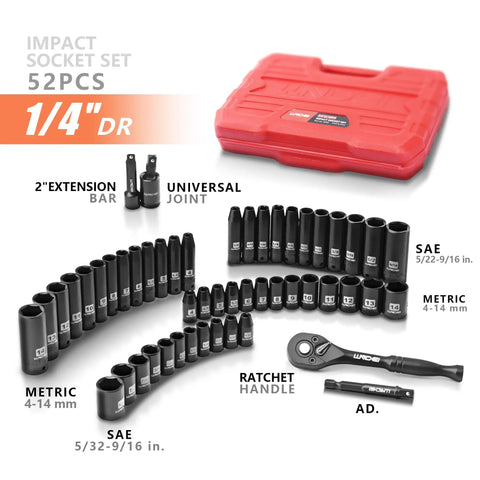 52 Piece One Quarter Inch Drive Impact Socket Set With 72 Tooth Ratchet And Adapters LLNDEI Chrome Vanadium Steel Sockets shown with red case