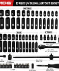 Impact Socket Set One Quarter Inch Drive 83 Piece With SAE And Metric Sizes, includes sockets and 72 tooth ratchet handle displayed.