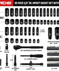 Three-Eighth Inch Drive Impact Socket Set Kit With Standard SAE And Metric Sizes, 95 Piece CR-V Steel, multiple sockets displayed.