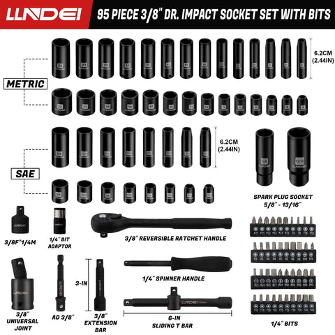 Three-Eighth Inch Drive Impact Socket Set Kit With Standard SAE And Metric Sizes, 95 Piece CR-V Steel, multiple sockets displayed.