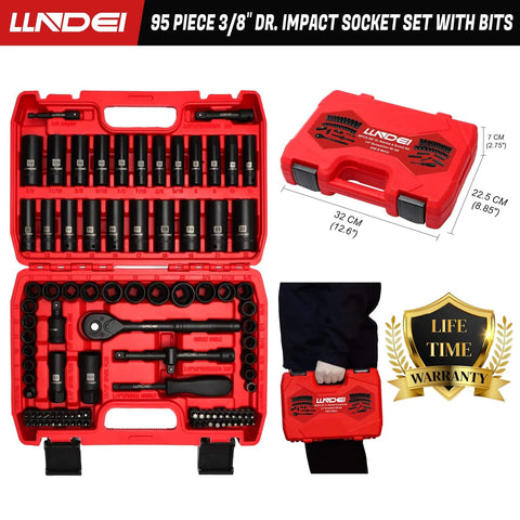Three-Eighth Inch Drive Impact Socket Set Kit With Standard SAE And Metric Sizes, 95 Piece CR-V Steel in red case.