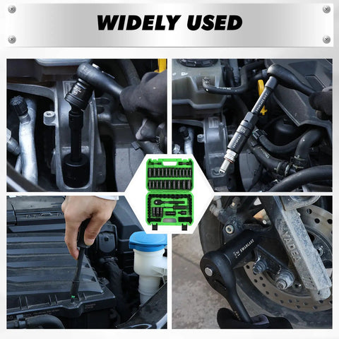 Image showing the One Hundred Five Piece Three Eighths Inch Drive Impact Socket Set With 28 Metric Sockets 8 To 22 Mm And 16 SAE Sockets 5 Sixteenths To 3 Quarters Inch Six Point CR V Steel Includes Extension Bars Universal Joint Ratchet Handle And Screwdriver Bit Tool in automotive repair use.