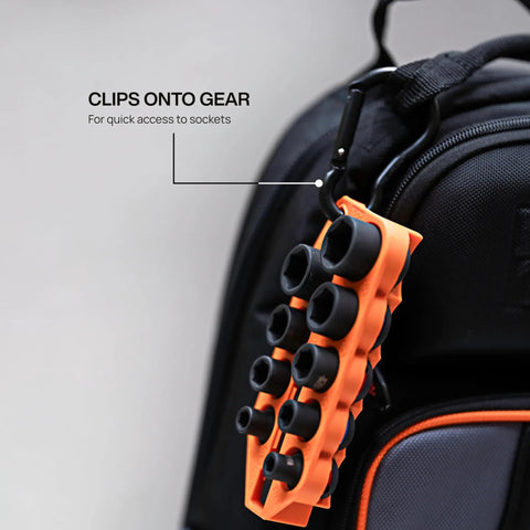 Grab And Go Impact Socket Set In SAE With Sleeve And Carabiner 10 Piece Drive Socket Kit clipped to a backpack for easy access.