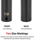 Front and back view of One Half Inch Drive Twenty One Millimeter Deep Six Point Impact Socket with laser and stamped markings