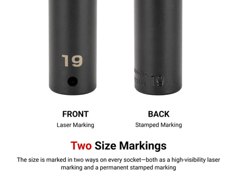 Front and back view of One Half Inch Drive Twenty One Millimeter Deep Six Point Impact Socket with laser and stamped markings