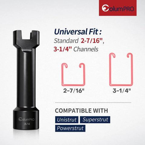 Durable Strut Channel Socket for Unistrut systems, one half inch drive and impact rated with visible compatible channel sizes